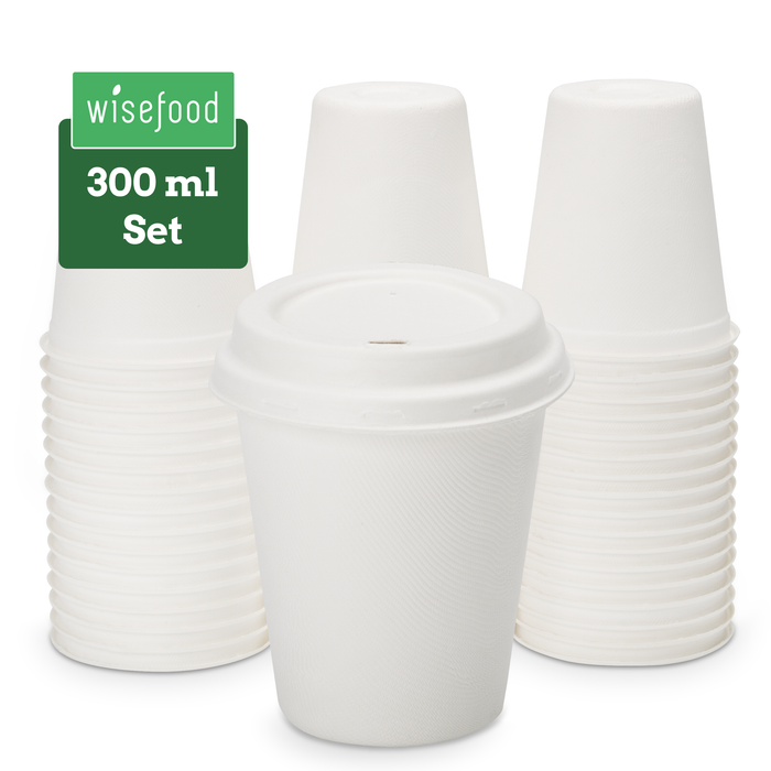 Ensemble de tasses à café à emporter avec couvercle, 300 ml, bagasse, Ø 9 cm