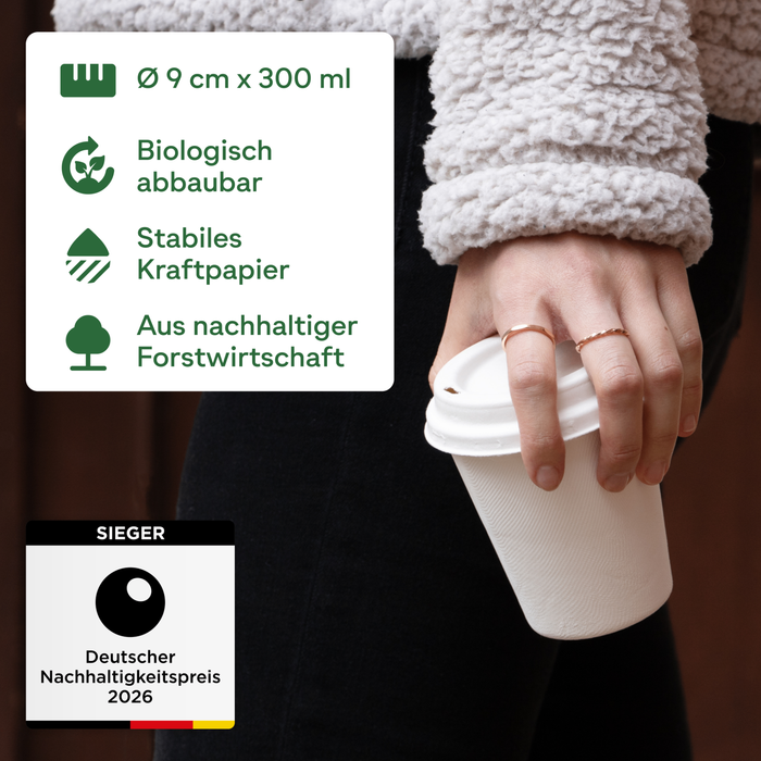 Ensemble de tasses à café à emporter avec couvercle, 300 ml, bagasse, Ø 9 cm