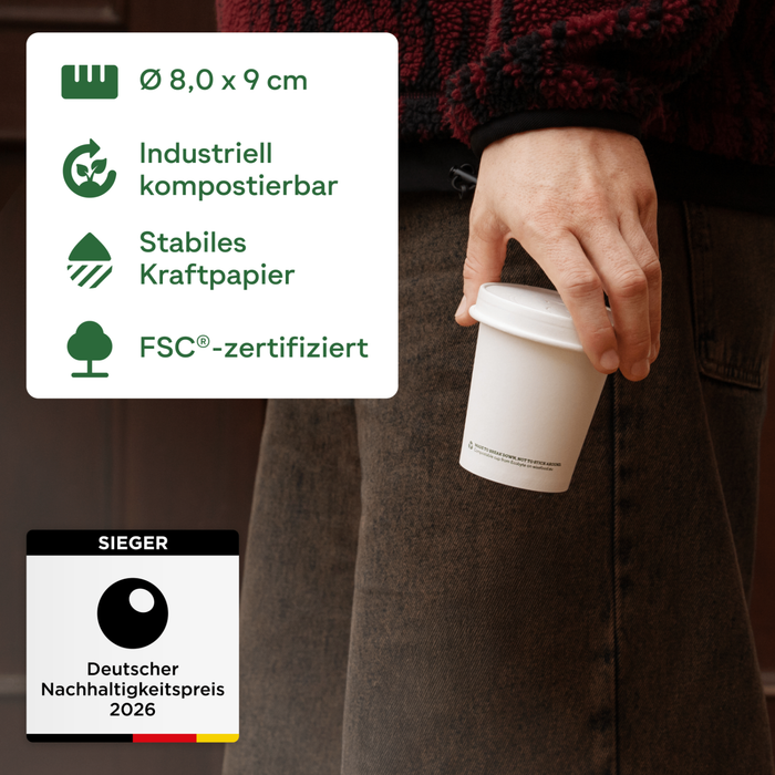 Gobelets en carton bio, 200 ml, compostables, certifiés FSC®, à simple paroi, blancs