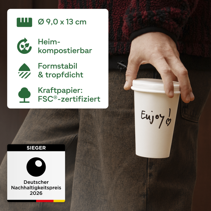 Gobelet en carton bio, 400 ml, certifié FSC®, compostable à domicile, marron, Ø 9 x 13,6 cm