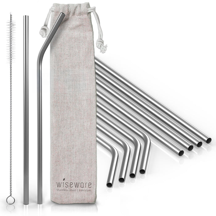 Lot de 10 pailles en acier inoxydable (5 pailles droites réutilisables, 5 pailles courbées, 1 pinceau, 1 sac en jute)