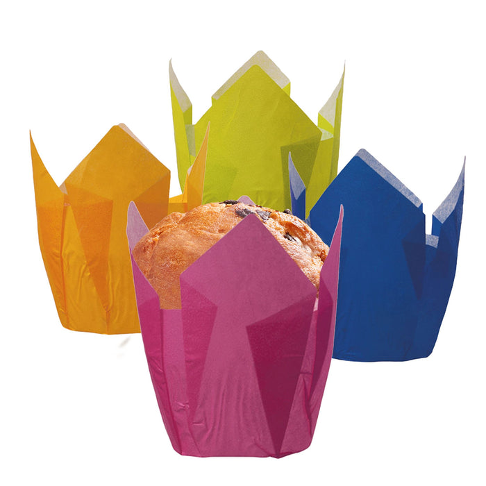 Moules à muffins en papier forme tulipe colorés (bleu, jaune, vert, rose)