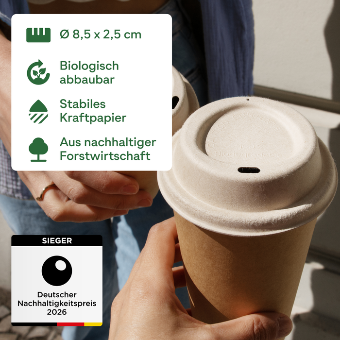 Couvercle à emporter pour gobelet carton bio 200 ml, bagasse, durable & robuste, marron, Ø 8 cm