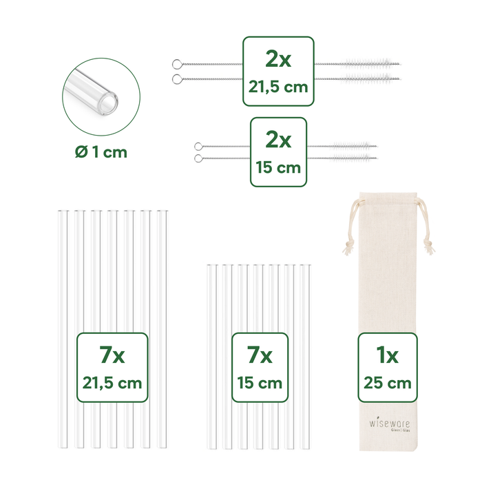 Set de pailles en verre : 14 pailles + 4 pinceaux
