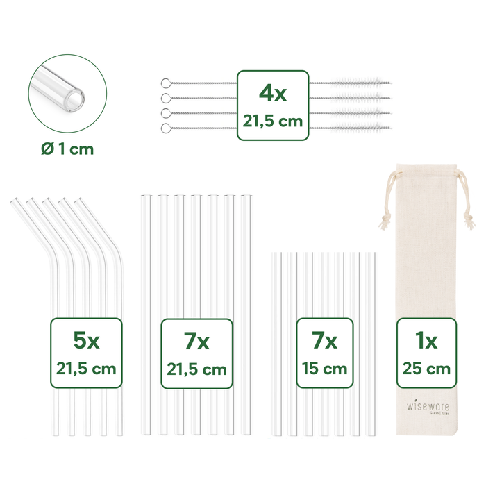 Set de pailles en verre : 19 pailles + 4 pinceaux