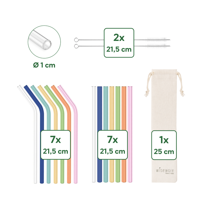 Ensemble de pailles colorées en verre : 14 pailles + 2 pinceaux