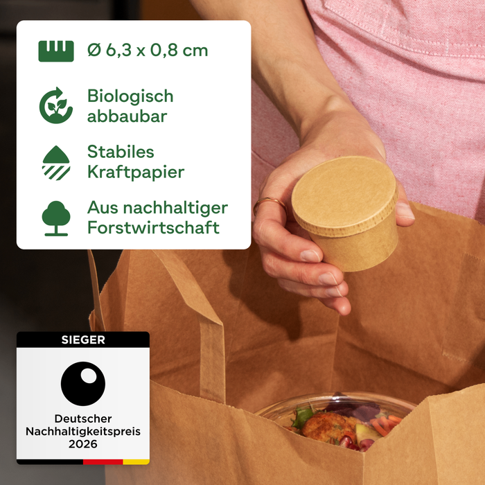 Couvercle en carton bio pour barquette de trempette de 40 ml, certifié FSC®, compostable à domicile, marron, Ø 6,15 cm