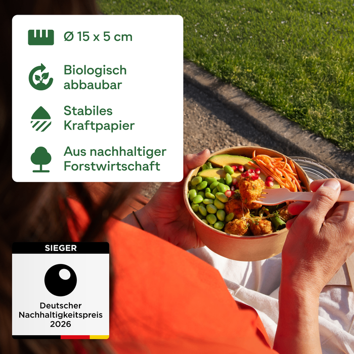 Barquette alimentaire bio à emporter, 500 ml, papier, certifié FSC®, compostable à domicile, marron, Ø 15 x 5 cm