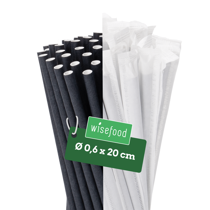 Pailles en papier 6x200mm noir emballées individuellement