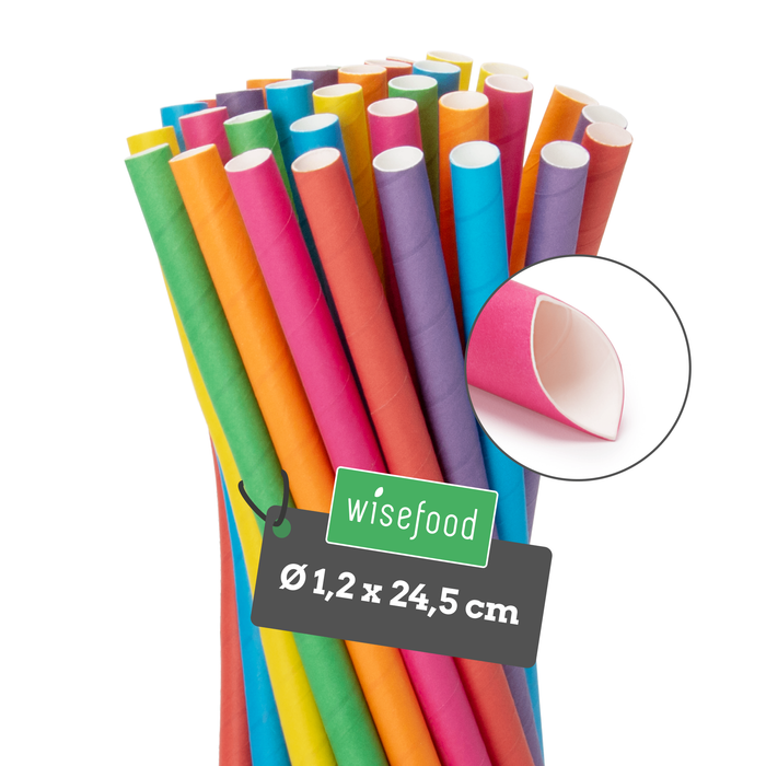 Pailles en papier pour bubble tea, colorées, biseautées, Ø 1,2 x 24,5 cm