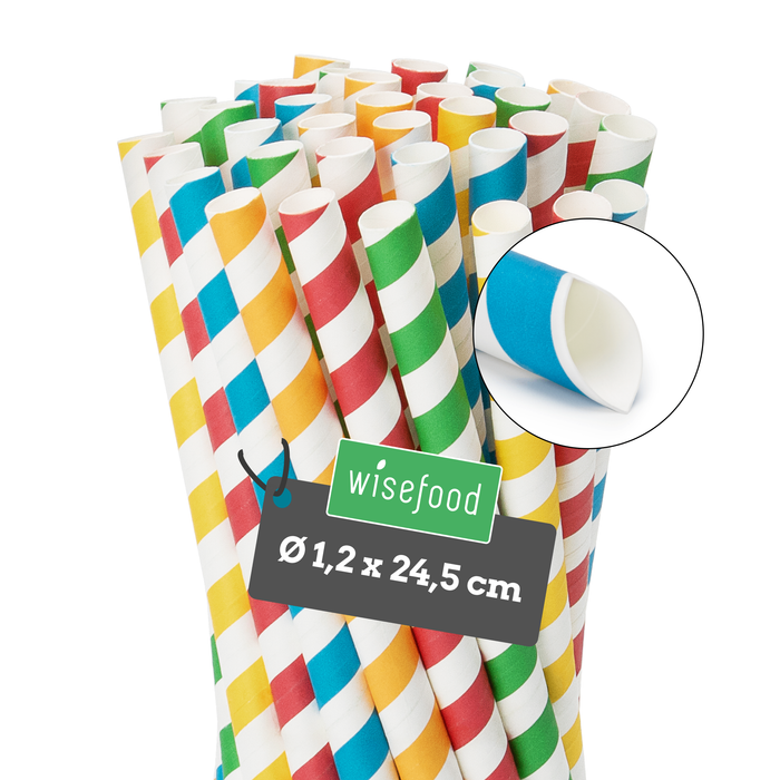 Paille en papier pour bubble tea, rayée multicolore, biseautée, Ø 1,2 x 24,5 cm
