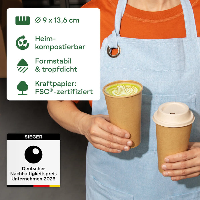 Gobelet en carton bio, 400 ml, compostable à domicile, marron, Ø 9 x 13,6 cm
