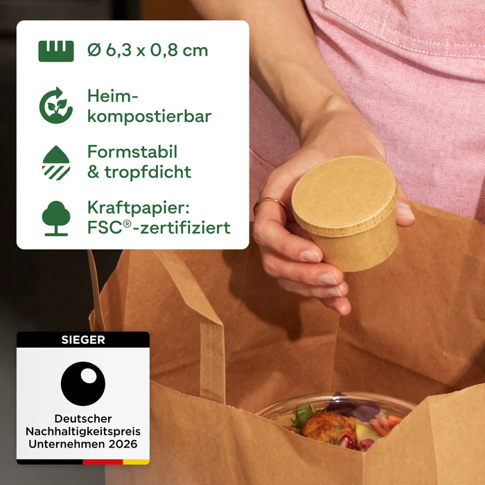 Couvercle en carton bio pour barquette à sauce de 40 ml, compostable à domicile, marron, Ø 6,15 cm