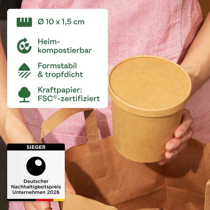 Couvercles en carton bio pour gobelets en papier de 200, 300 et 400 ml, compostables à domicile, marron, Ø 9,8 cm