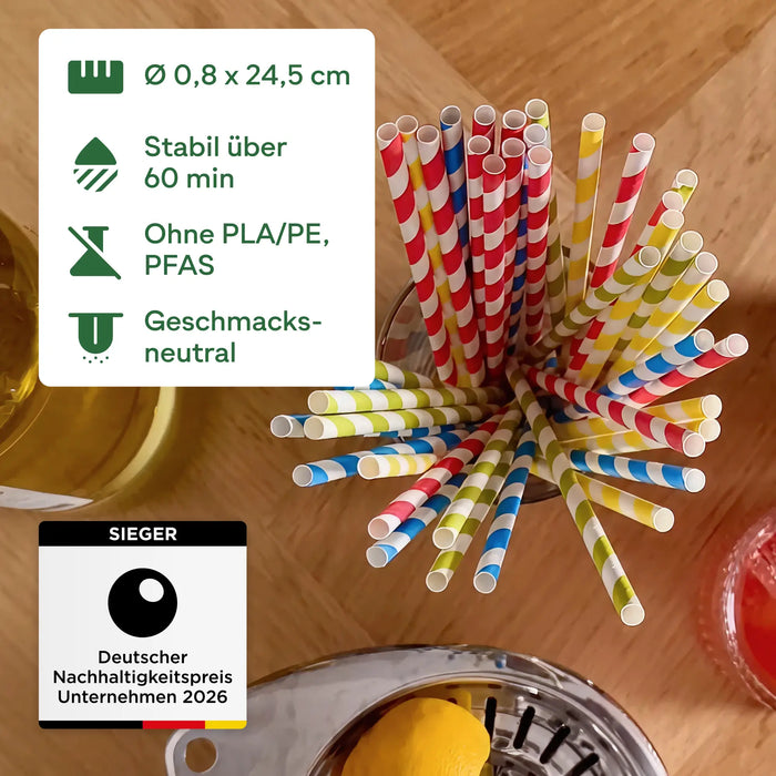 Paille en papier, rayée multicolore, Ø 0,8 x 24,5 cm