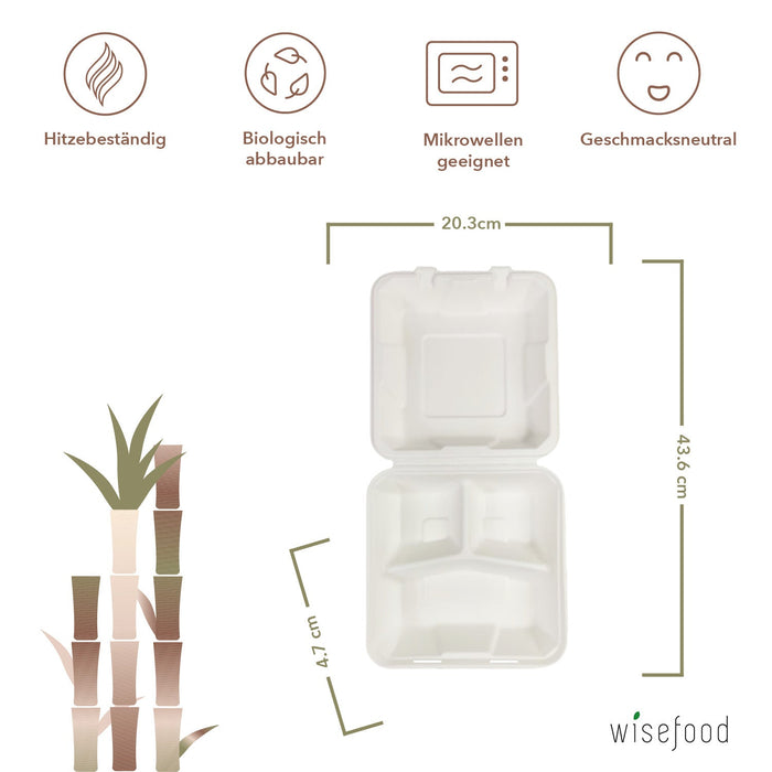 Boîte menu bagasse de canne à sucre bio divisée en 3 compartiments 43,6 x 20,3 x 4,7 cm - (blanc)