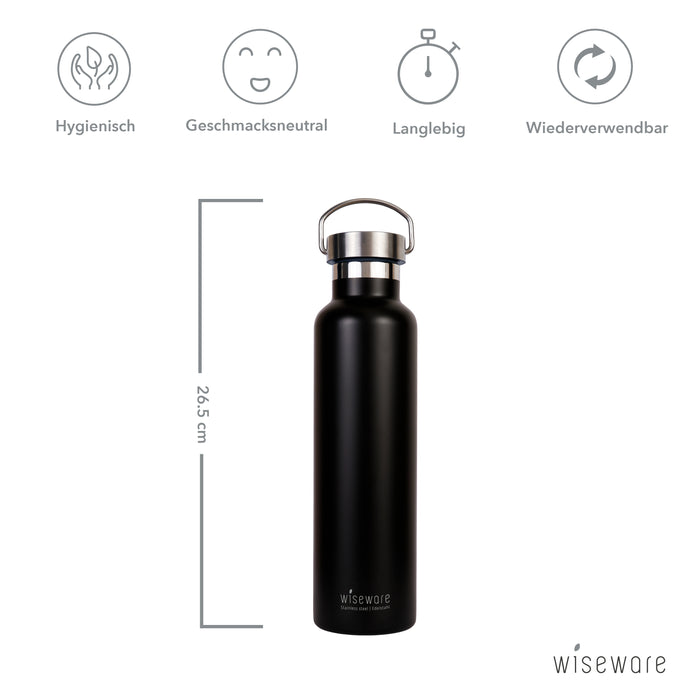 Gourde en acier inoxydable - flasque à vide noire 750 ml - sans BPA - bouteille d'eau en métal étanche pour l'extérieur, la randonnée, l'école, le sport