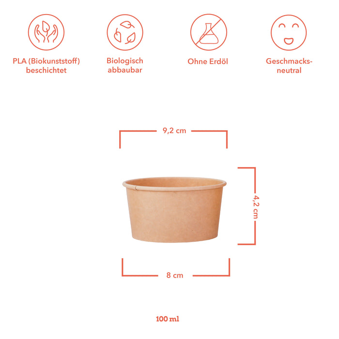 Pot à glace en carton - gobelet 100ml / papier kraft marron - enduit PLA