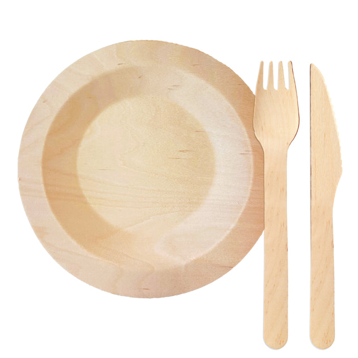 Service de vaisselle en bois de bouleau (assiette, couteau et fourchette) - rond Ø 23cm