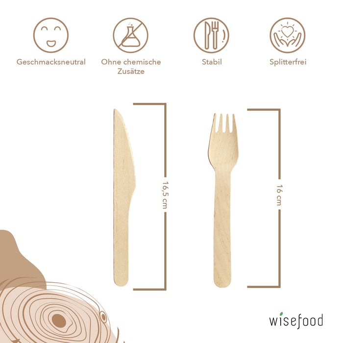 Ménagère en bois jetable - 10 couteaux (16,5 cm) + 10 fourchettes (16 cm) - couverts en bois emballés individuellement