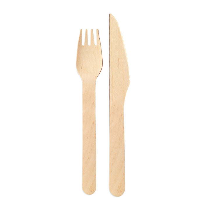 Ménagère en bois jetable - 10 couteaux (16,5 cm) + 10 fourchettes (16 cm) - couverts en bois emballés individuellement