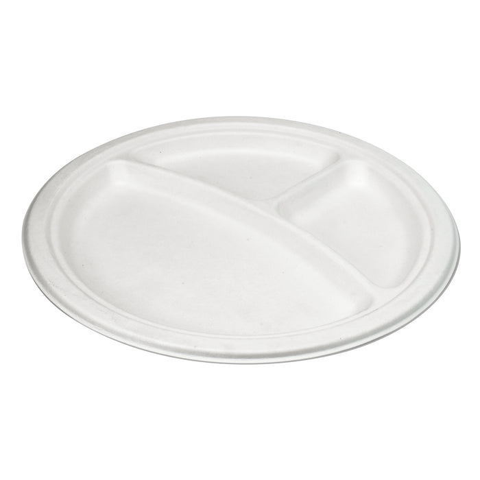 Assiette bagasse 3 compartiments - 23 cm (ronde, blanche)