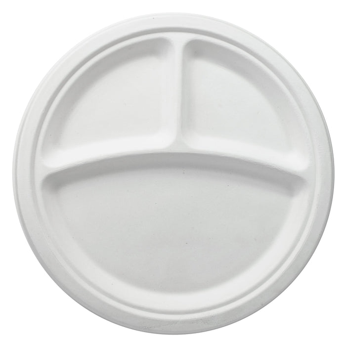 Assiette bagasse 3 compartiments - 23 cm (ronde, blanche)